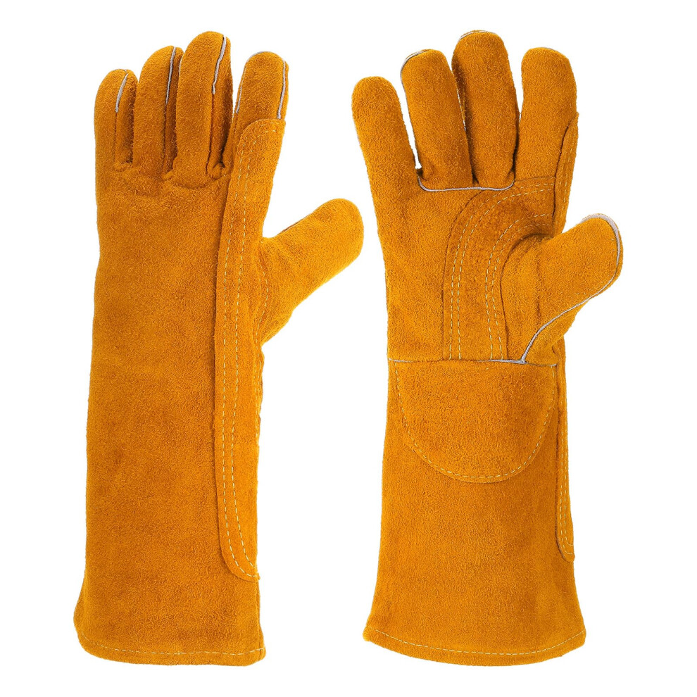 Cowhide Welding Gloves 15.7X6.3in Yellow, Heat Resistant Fireproof Leather Gloves With Soft Lining For Welder Fireplace Bbq 9073542225836