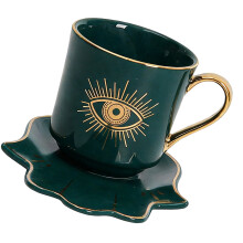 Ceramic Coffee Mug and Saucer Set Turkish Evils Eye-Green