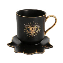 Turkish Evils Eye Ceramic Cup and Saucer Set for Tea-Black