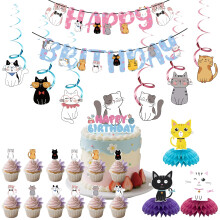 Cat Birthday Party Decorations Set, Prestrung Banner, Reusable Supplies with 3D Honeycomb Centerpieces and Toppers
