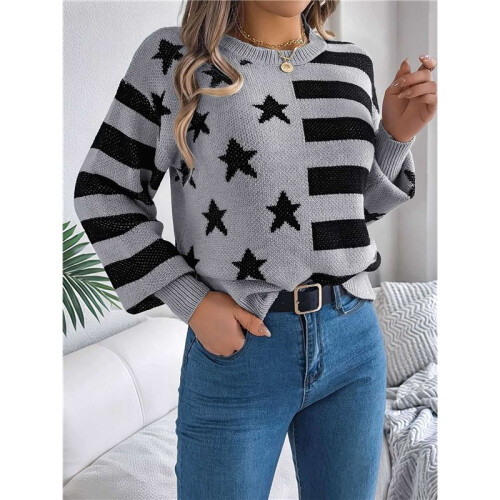 Women'S Striped Drop Shoulder Sweater Oversized Crew Neck Knit Sweaters Pullover Top Grey L 1