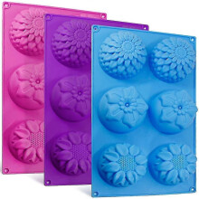 6-cavity Silicone Flower Shape Cake Molds,3 Packs Fondant Shape Decorating Ice Cube Trays Purple Blue Pink