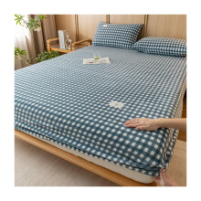 King Size Flannel Fitted Sheet Milk Velvet Checkered Bedding Cover, Elastic Quilted Mattress Cover 71x79in