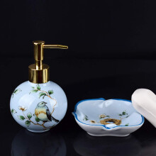 Hand Painted Blue Floral Ceramic Soap Dispenser Set, Refillable Lotion Pump and Dish for Bathroom or Kitchen Decor