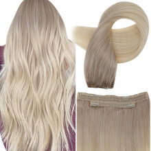 Blonde Halo Hair Extensions 14 Inch Remy Human Hair Invisible Wire 70g Balayage for Instant Length & Volume