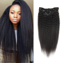 16 Inch Kinky Straight Clip In Human Hair Extensions for Black Women, Natural Black Remy Real Hair, 7pcs Set