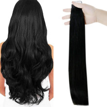 16 Inch Jet Black Tape in Hair Extensions Human Hair, Invisible Seamless Reusable Strips 20pcs 50g