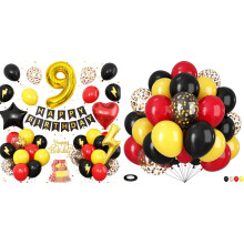 9th Birthday Decorations Set Red Black Yellow Cartoon Theme Number 9 Balloons Banner Cake Topper for Kids Boys Girls