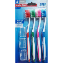 Pristine Gleam Medium Bristle Toothbrush Set 4 Pack with 3 Covers