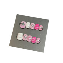 Almond Shape Press On Nails Pink Hand Painted Stars Easy Apply Durable Gloss Finish for Women