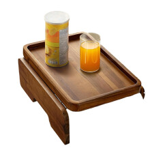 Foldable Wooden Couch Arm Tray with Cup Holder for Drinks Snacks Remote and Phone Storage