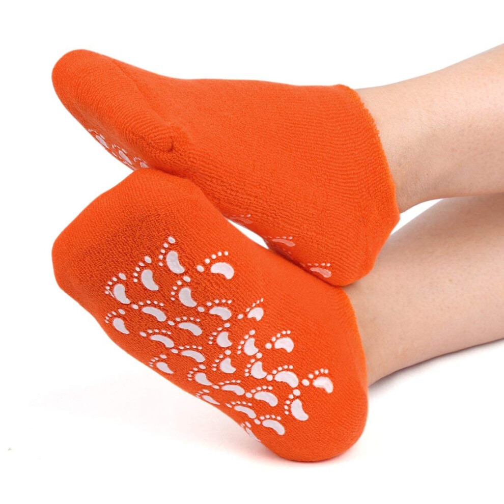 Orange Moisturizing Gel Socks For Dry Cracked Feet, Reusable Spa Treatment Cotton Socks