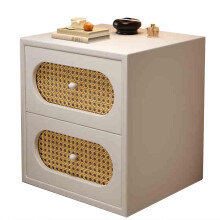 White Wooden Rattan Bedside Table with Drawer, Solid Wood Durable Small Nightstand for Bedroom