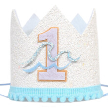 Ocean Theme First Birthday Crown for Baby Boy, Blue and White Glitter Hat with Number 1, Soft Felt and Elastic Fit