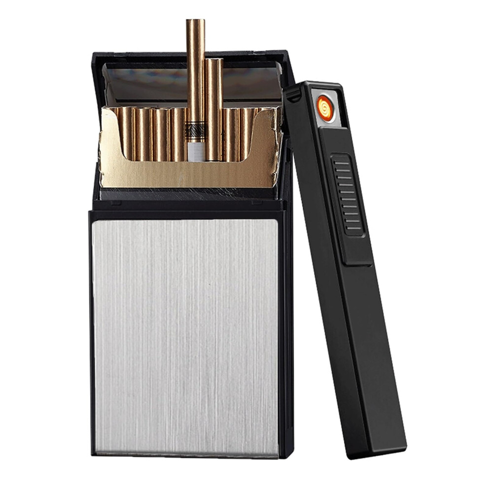 Silver Electric Cigarette Case With Usb Rechargeable Windproof Flameless Lighter, Aluminum Box For 20 Cigarettes