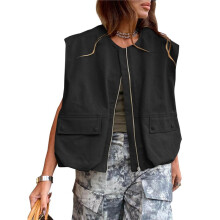 Gilet DĂ©contractĂ© Ă Fermeture Ăclair pour Femme, Style Cargo, SurdimensionnĂ©, Ourlet FroncĂ©, Sans Manches. Noir S