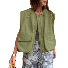 Gilet DĂ©contractĂ© Ă Fermeture Ăclair pour Femme, Style Cargo, SurdimensionnĂ©, Ourlet FroncĂ©, Sans Manches. Vert ArmĂ©e M