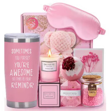 Luxury Spa Gift Set for Women with Candle, 20oz Insulated Tumbler, Pearl Soap, Bath Salts and Towel
