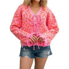 Women'S Fuzzy Leopard Print Sweater Long Sleeve Lace- Knit Crochet Long Sleeve Cardigan Rose Red L