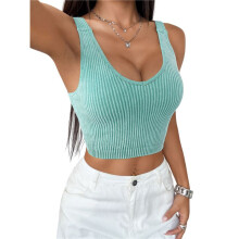 Women'S Sleeveless Crop Tops Ribbed Square Neck Cropped Tank Top Green M