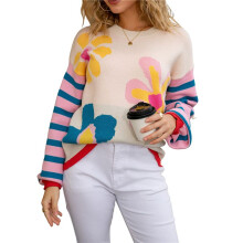 Women Flower Print Sweaters Striped Patchwork Crewneck Knitted Long Sleeve Pullover Sweaters Tops Apricot XL