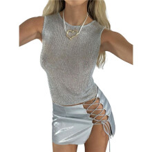 Women Sexy- Fishnet Knit Glittering Tank Sheer Mesh Sleeveless Crewneck Solid Slim Cropped Tops Black L
