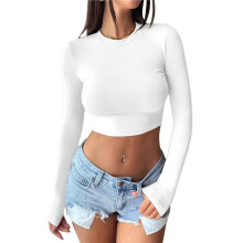 Top Corti A Maniche Lunghe da Donna 2025 - Magliette Autunnali Corte Aderenti con Scollo Rotondo di Base Bianco S