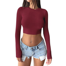 Top Corti A Maniche Lunghe da Donna 2025 - Magliette Autunnali Corte Aderenti con Scollo Rotondo di Base Vino Rosso XL