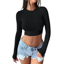Top Corti A Maniche Lunghe da Donna 2025 - Magliette Autunnali Corte Aderenti con Scollo Rotondo di Base Nero M