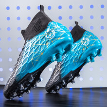 (Black-blue, 2.5 Big Kid) High Top Soccer Shoes with Spikes, Lightweight and Breathable Ground Anti Slip, Youth Outdoor Wide Version Soccer Shoes
