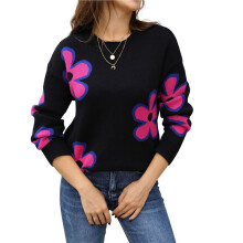 Floral Sweaters for Women Contrast Color Striped Crew Neck Long Sleeve Loose Knit Pullover Tops Black XL