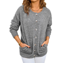 Long Sleeve Crewneck Button Down Womens Sweaters Fall Open Front Cardigan Sweaters for Women 2025 Grey XL