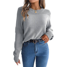 Warm and Stylish Sweater for Women Long Sleeve Knitted Top for Autumn & Winter Chic Casual Pullover Knitted Top Grey L