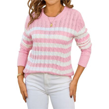 Women'S Striped Sweaters Casual Crew Neck Long Sleeve Pullover Oversized Cable Knit Loose Jumper Tops L