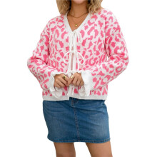 Women'S Fuzzy Leopard Print Sweater Long Sleeve Lace- Knit Crochet Long Sleeve Cardigan S