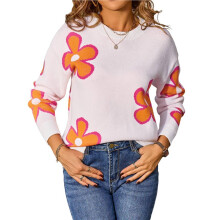 Floral Sweaters for Women Contrast Color Striped Crew Neck Long Sleeve Loose Knit Pullover Tops White XL