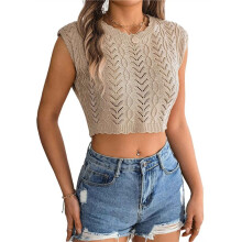 Women'S Summer Knit Sweater Vest Cap Sleeve Casual Trendy Crew Neck Ribbed Pullover Tank Tops Khaki XL
