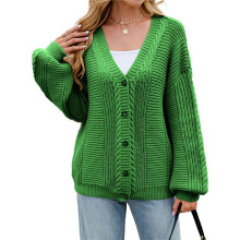 Women'S Sweater 2025 Long Sleeve Front Opening Thick Cardigan Women'S Formal Short Green XL
