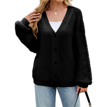 Women'S Sweater 2025 Long Sleeve Front Opening Thick Cardigan Women'S Formal Short Black M