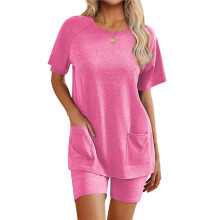 Womens 2 Piece Outfits Sweatsuits Summer Short Sleeve Loungewear Tracksuit Round Neck Lounge Shorts Sets Rose Red M