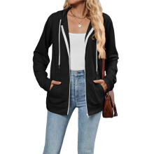 Women Casual Full Zip Hoodie Comfy Loose Long Sleeve Sweatshirt Solid Color Jacket with Pockets Black S