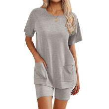 Womens 2 Piece Outfits Sweatsuits Summer Short Sleeve Loungewear Tracksuit Round Neck Lounge Shorts Sets Light Gray L