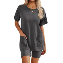 Womens 2 Piece Outfits Sweatsuits Summer Short Sleeve Loungewear Tracksuit Round Neck Lounge Shorts Sets Dark Gray L