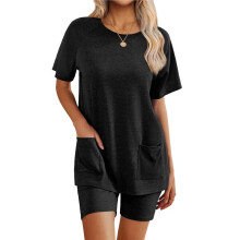 Womens 2 Piece Outfits Sweatsuits Summer Short Sleeve Loungewear Tracksuit Round Neck Lounge Shorts Sets Black XXL