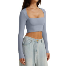Top Curto Básico Casual Feminino, Decote Quadrado, Manga Comprida, Forro Duplo Azul Claro S