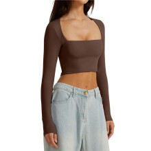 Top Curto Básico Casual Feminino, Decote Quadrado, Manga Comprida, Forro Duplo Marrom Escuro M