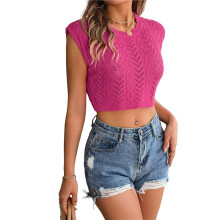 Women'S Summer Knit Sweater Vest Cap Sleeve Casual Trendy Crew Neck Ribbed Pullover Tank Tops Rose Red L