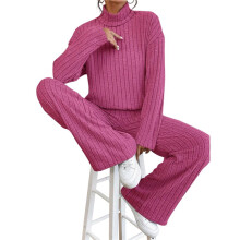 Women'S 2 Piece Fall Outfits Sets Travel Knit Pullover Tops and Wide Leg Pants Sweatsuit Lounge Sets Rose Red S