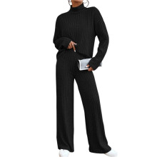 Women'S 2 Piece Fall Outfits Sets Travel Knit Pullover Tops and Wide Leg Pants Sweatsuit Lounge Sets Black L