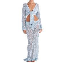 Womens 2 Piece Crochet Cover Matching Set with Long Sleeve Tie Knot Crop Tops and Drawstring Skirts Light M